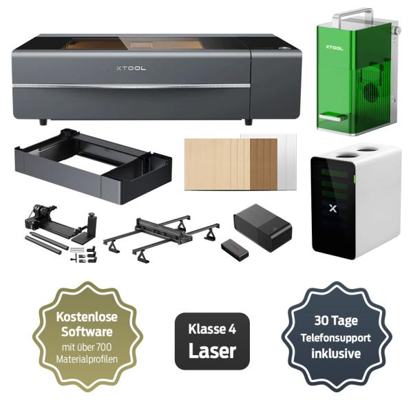 Paket: xTool P2S namizni CO2 laserski rezalnik s 55 W (sivo/črn) + F1 Business Duo